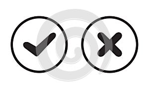 Yes and No check marks on circles. Black symbols on white background. Vector illustration. Infographic design element.